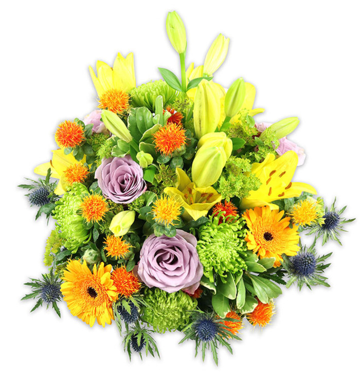A densely layered, vibrant bouquet set against pure white, where warm sunny tones meet cool architectural accents in a carefully balanced composition. Radiant yellow Asiatic lilies form the vertical skeleton: some open wide with speckled interiors, others held as elongated buds reaching skyward, their glossy petals catching a gentle studio glow. Nearby, two soft lavender-purple roses provide an elegant, softly fragrant focal point, their spiralled petals a soothing visual pause amid the livelier hues. Scattered throughout are bright orange Gerbera daisies with their flat, radial petals and darker centres, while plentiful lime green button chrysanthemums create textured, cushion-like mounds that read almost like verdant embroidery. Small, spiky orange and golden-yellow globe blooms add sprightly pops and tactile contrast, and the blue-grey Eryngium thistles-starred, metallic-looking-project from the lower planes and edges to introduce sculptural drama and a touch of rustic refinement. The diverse foliage-large lily leaves, glossy fillers and fine textured greens-wraps and supports the florals, producing depth and a sense of natural abundance. Photographed in soft, even light on white, the bouquet communicates both cheer and composure: suitable for birthdays, heartfelt congratulations, thoughtful get-well wishes or a comforting arrangement to leave at a local service. Imagined for homes and gatherings across Elmers End, Croydon Road and Beckenham High Street, it reads as a skilled floral piece crafted with local sensibility and seasonal freshness.