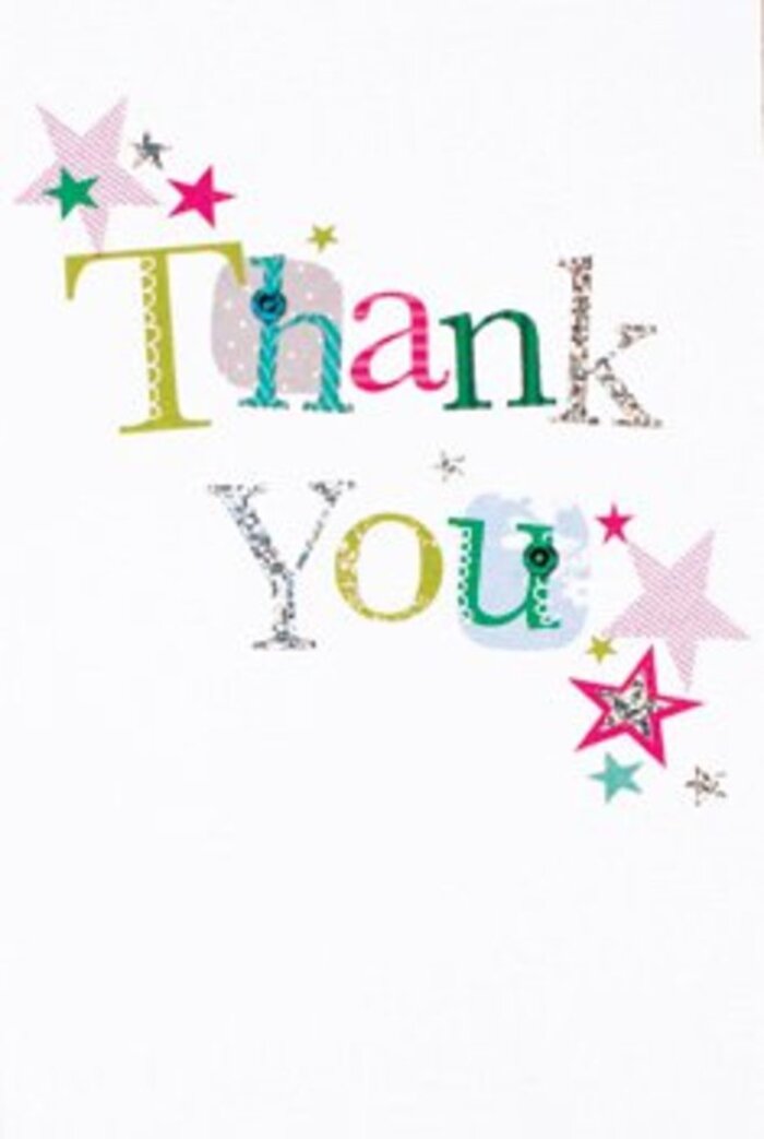 Graceful yet effervescent, this thank you card is a visual celebration of gratitude reflecting Elmers End's unique charm. Each letter dances in a parade of vivid lime, lively pink, and tranquil blue, their different shapes and flourishes giving each character a distinct personality-some loop with playful curves, while others sit quietly elegant, as though echoing musical notes drifting from a café on Elmers End Road. Stars gather in sparkling clusters of silver, deep turquoise, and striped magenta, their placement near the message resembling small blessings scattered across the card's clean white background. This careful composition feels both modern and timeless, balancing energy and refinement-never too formal, yet thoughtfully elevated. There's a tangible sense of texture-a glimmer of silver, the impression of embroidery, subtle dots and lines reminiscent of the intricate handiwork found in the village's artisan shops. The overall mood is uplifting, perfectly suited to nestle beside a bouquet delivered from a trusted Elmers End florist, bringing with it the scent of fresh-cut stems and the soft hush of a heartfelt thank you. This card transcends any single moment, offering an open invitation for kindness, whether gifted for a neighbour's thoughtful gesture or an occasion that calls for genuine appreciation. Its design radiates warmth, its bright spirit elegantly woven into the fabric of Elmers End's community life.